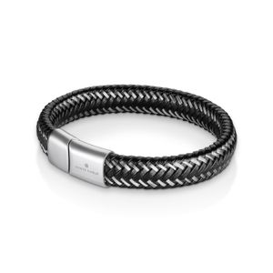 Pulseira Masculina Couro Trançado Preto em Aço - 22 cm