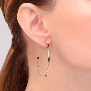 Argola em Ouro Amarelo com Diamante, Ametista, Rodolita, Turmalina Verde