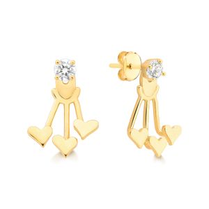 Brinco Ear Jacket Coração Cravejado em Prata 925 com Banho de Ouro Amarelo 18k