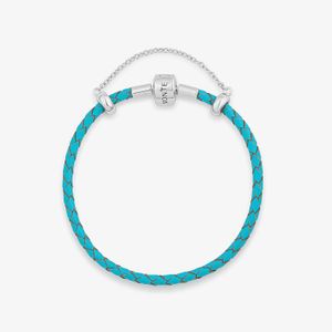 Pulseira de Couro Azul e Prata 925 - 18cm