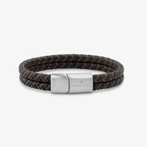 Pulseira Masculina Dupla de Couro Trançado Preto e Marrom em Aço - 21 cm