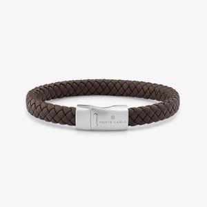 Pulseira Masculina de Couro Marrom Trançado em Aço - 21 cm