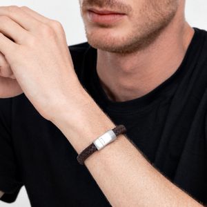 Pulseira Masculina de Couro Marrom Trançado em Aço - 21 cm