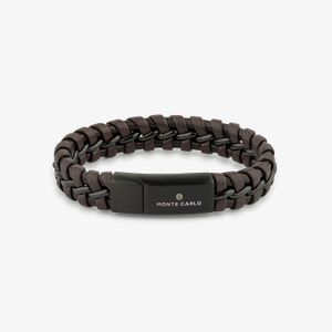 Pulseira Masculina de Couro Marrom em Aço Preto - 21 cm