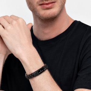 Pulseira Masculina de Couro Marrom em Aço Preto - 21 cm