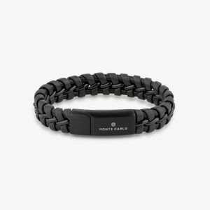 Pulseira Masculina de Couro Preto em Aço Preto - 21 cm