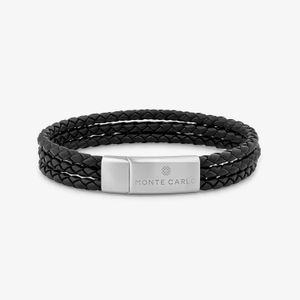 Pulseira Masculina Tripla de Couro Preto Trançado em Aço - 21 cm