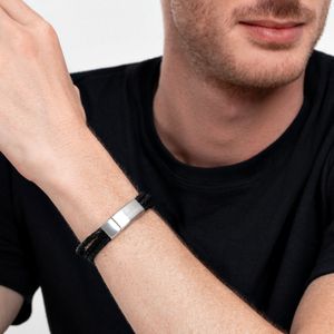 Pulseira Masculina Tripla de Couro Preto Trançado em Aço - 21 cm