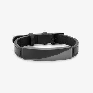 Pulseira Masculina Couro Preto em Aço Preto Polido e Fosco - Ajustável