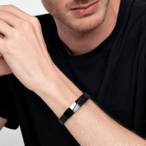 Pulseira Masculina Couro Preto em Aço Preto Polido e Fosco - Ajustável