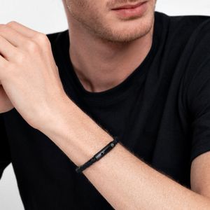 Pulseira Masculina de Couro Preto em Aço Preto - 20 cm