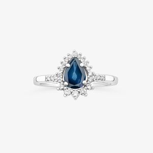 Anel em Gota com Safira e Diamantes em Ouro Branco 18k