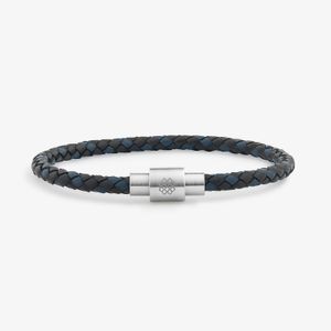 Pulseira Masculina de Couro Preto e Azul em Aço