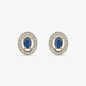 Brinco Stud com Safira Azul e Diamantes em Ouro Amarelo 18k