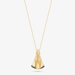 Pingente Nossa Senhora Aparecida com Diamante e Safira Azul em Ouro Amarelo 18k