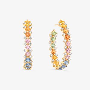 Brinco com Diamantes e Safira Azul, Verde, Amarela, Laranja e Rosa em Ouro Amarelo 18k