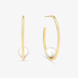 Brinco Argola Oval com Pérola em Ouro Amarelo 18K