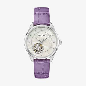 Relogio Bulova Automático Feminino em Couro Lilás com Madrepérola e Lente de Safira 96L339N