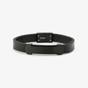 Pulseira Masculina de Couro Preto em Aço Preto Fosco - 20 cm