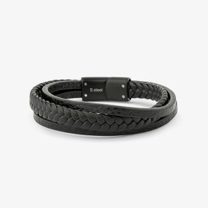 Pulseira Brave Masculina Trançada Tripla em Couro Preto com Aço Preto - 20 cm